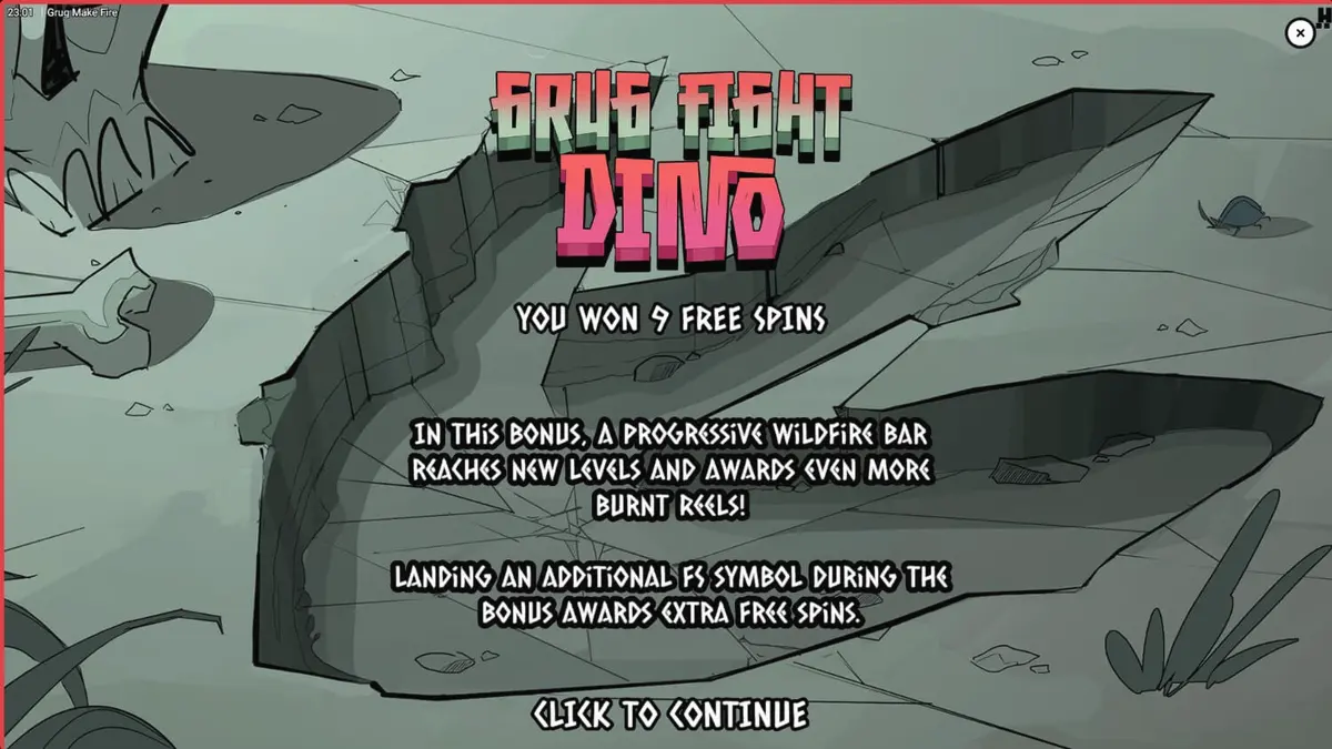Grug Make Fire slot game interface showing burning reels and prehistoric caveman theme