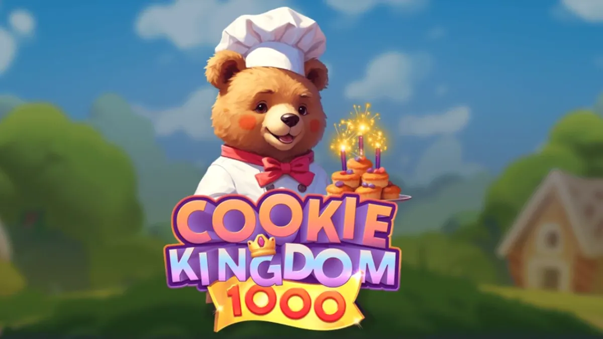 Tampilan visual permainan slot Cookie Kingdom 1000 dengan tema permen dan karakter beruang.