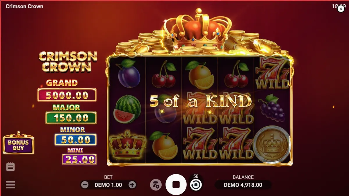 Tampilan visual slot Crimson Crown dengan simbol buah dan mahkota emas