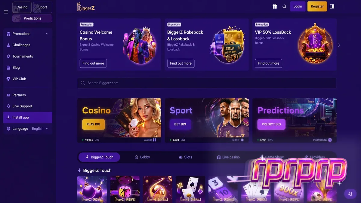 Antarmuka platform taruhan BiggerZ yang menampilkan berbagai pilihan permainan kasino dan pasar prediksi.