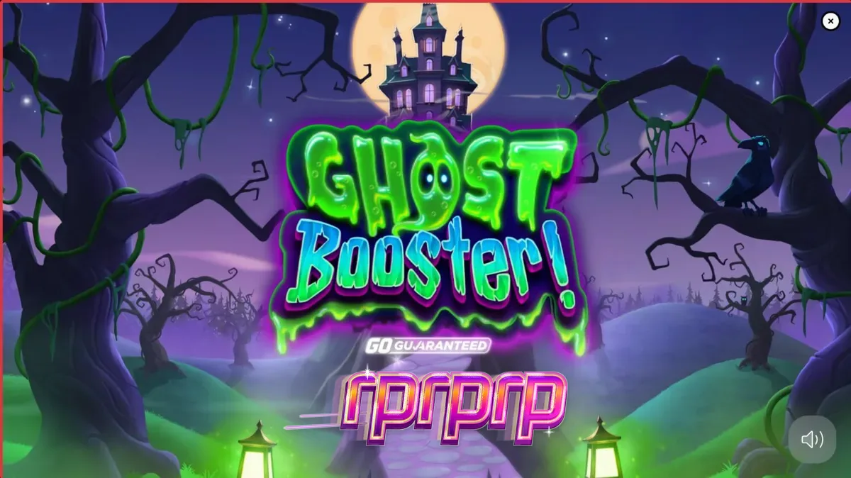 Tampilan layar permainan slot Ghost Booster dengan tema rumah hantu yang ceria
